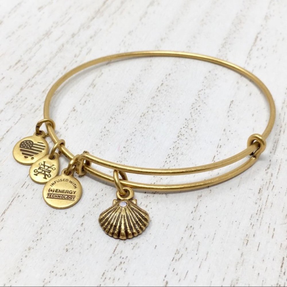 ALEX & ANI Sea Shell Charm Gold Tone Bangle Swarovski Crystals